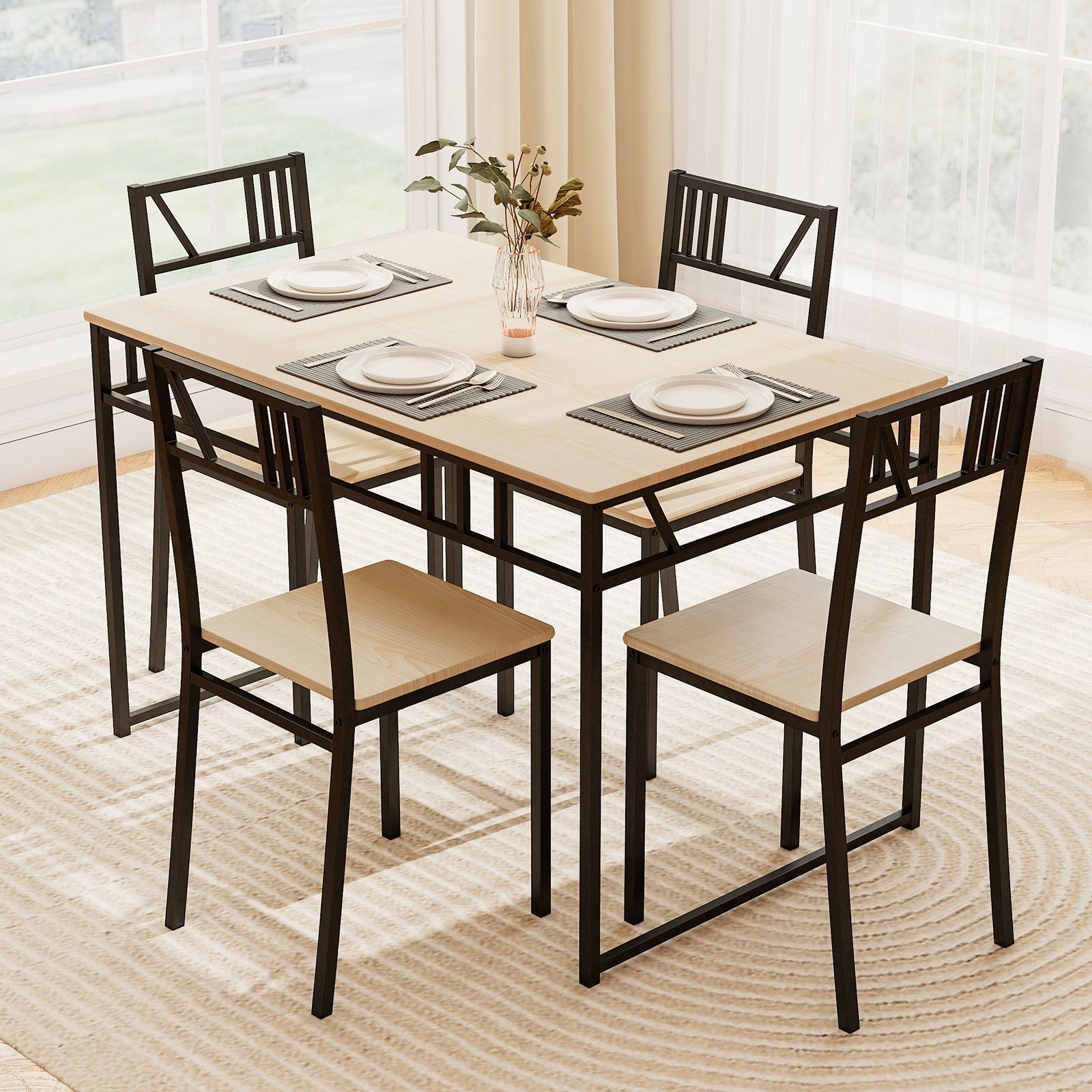 Industrial-Style Kitchen Table and 4 Chairs with Wood like Tabletop and Metal Frame