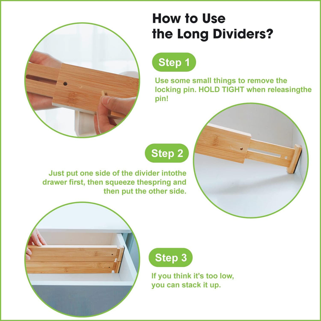 Bamboo Drawer Dividers Organizers, Drawer Separators Splitter, 43-56 Cm Long Adjustable Spring-Loaded Organizer for Large Utensil, Clothes, Tools Drawers