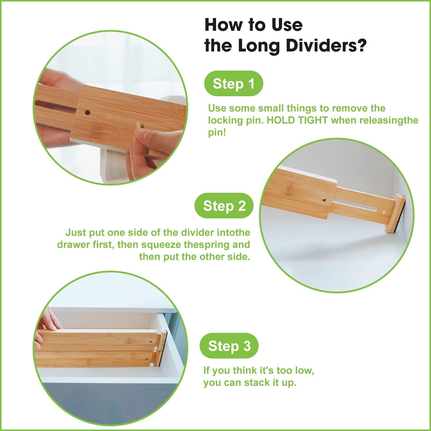 Bamboo Drawer Dividers Organizers, Drawer Separators Splitter, 43-56 Cm Long Adjustable Spring-Loaded Organizer for Large Utensil, Clothes, Tools Drawers