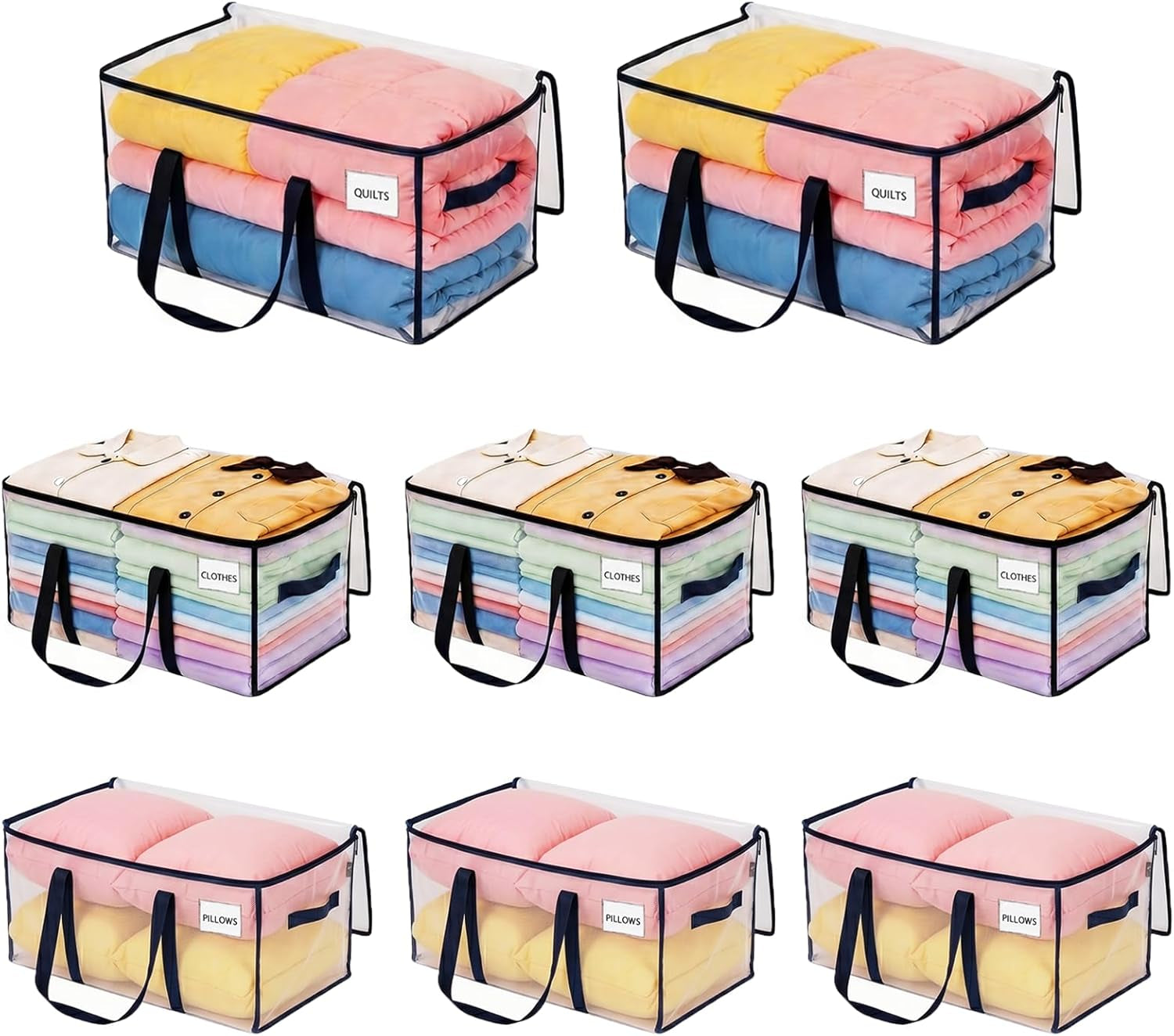 8 Pack Extra Large Moving Storage Bags with Zips, Heavy-Duty Organizer Tote, Moving Box Alternative, Packing Supply, Clothes Storage Bin, Tag Pocket for Label, Water-Resistant (Clear, 8 Pack)
