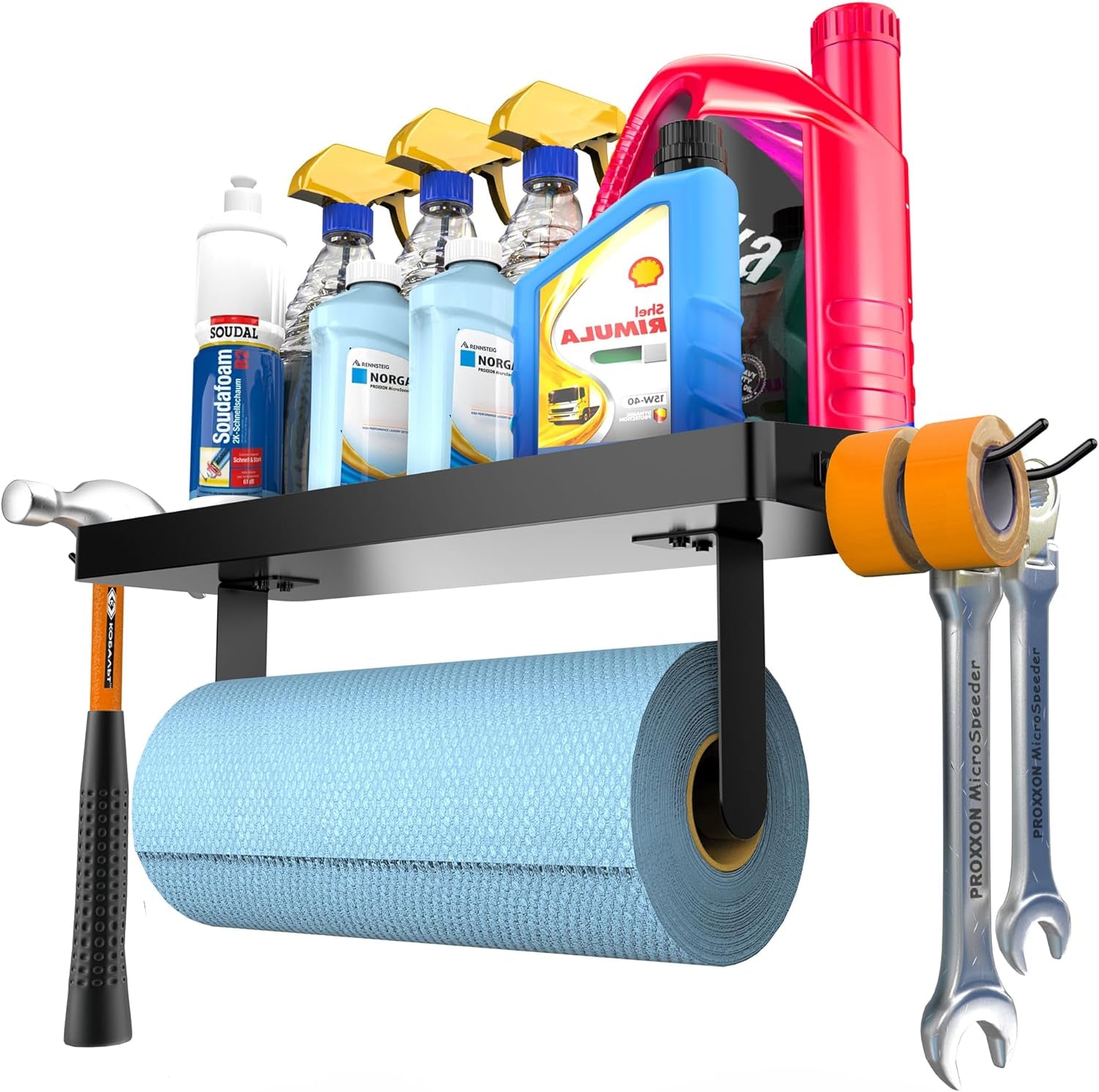 Garage Paper Towel Holder with Shelf - Paper Towel Holder Wall Mount, Garage Organization and Storage, Stainless Steel Paper Towel Rack with Hooks for Kitchen (Black)