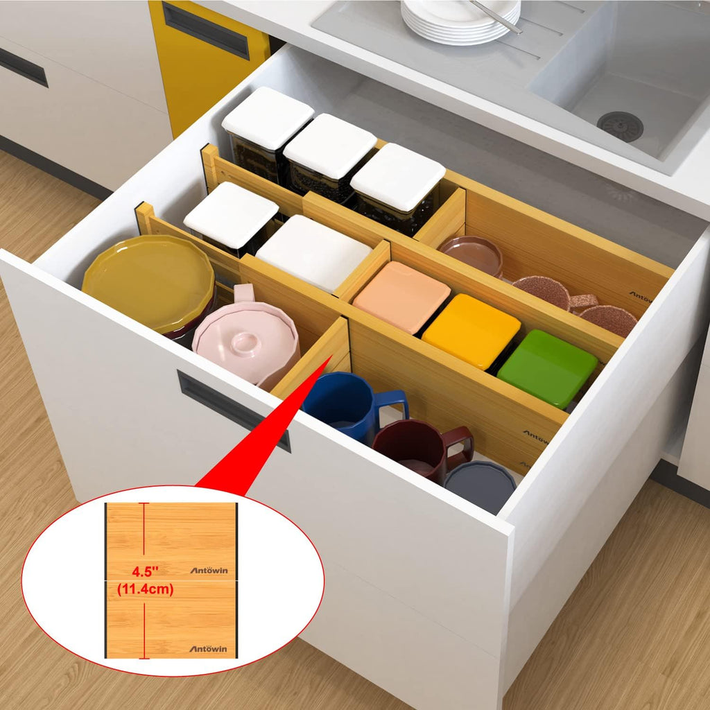 Bamboo Drawer Dividers Organizers, Drawer Separators Splitter, 43-56 Cm Long Adjustable Spring-Loaded Organizer for Large Utensil, Clothes, Tools Drawers
