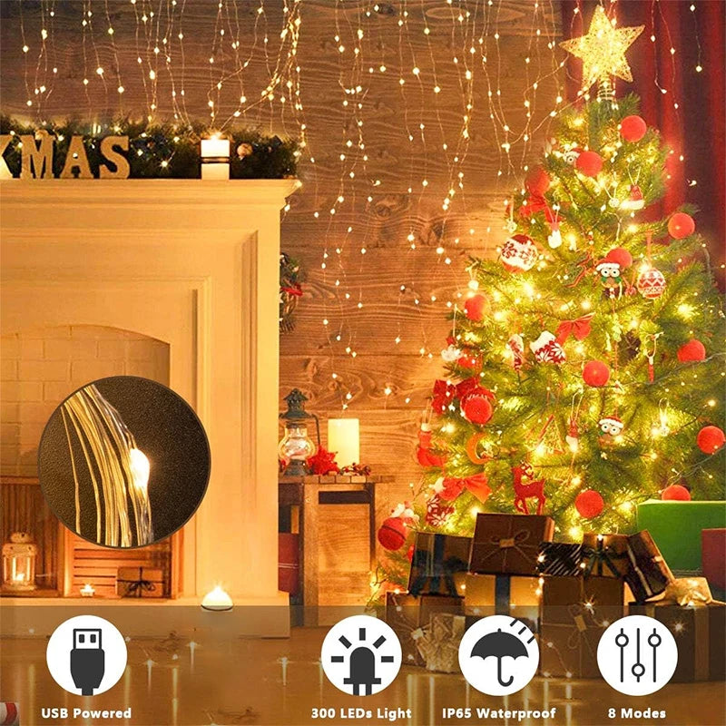 3M LED Lights String Fairy Decoration USB Holiday Curtain Garland Lamp 8 Mode for Home Garden Christmas Party New Year Wedding