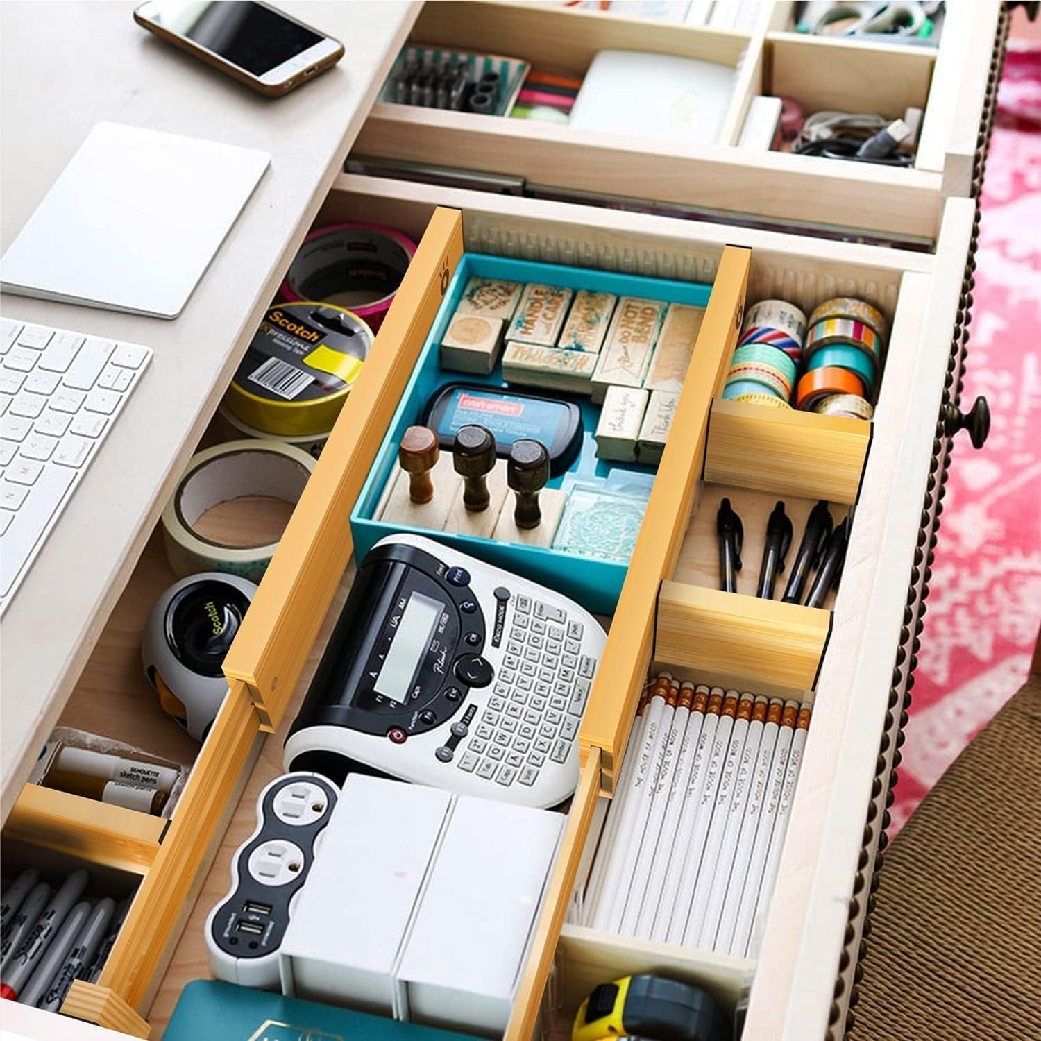 Bamboo Drawer Dividers Organizers, Drawer Separators Splitter, 43-56 Cm Long Adjustable Spring-Loaded Organizer for Large Utensil, Clothes, Tools Drawers