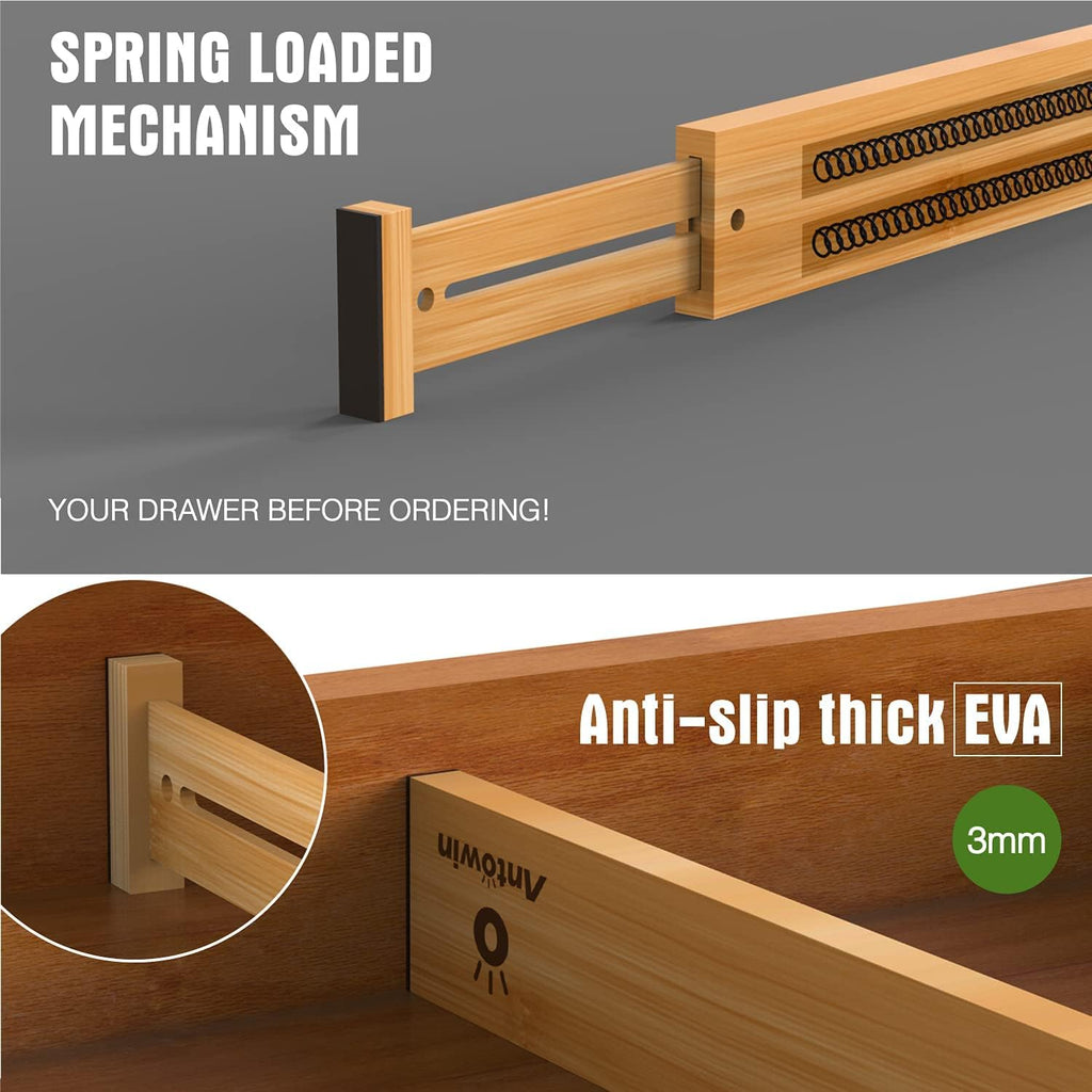 Bamboo Drawer Dividers Organizers, Drawer Separators Splitter, 43-56 Cm Long Adjustable Spring-Loaded Organizer for Large Utensil, Clothes, Tools Drawers