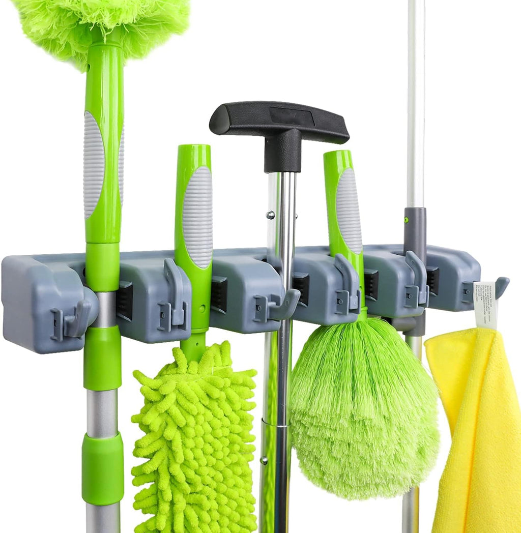 Rectangular Wall Mount Broom Holder and Garden Tool Organizer, 6 Hook and 5 Slot, 43 X 8.5 X 6.2 Cm, Gray