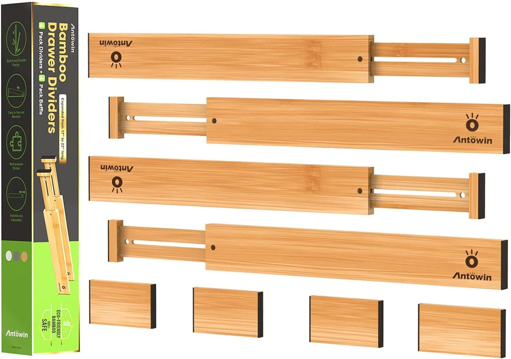 Bamboo Drawer Dividers Organizers, Drawer Separators Splitter, 43-56 Cm Long Adjustable Spring-Loaded Organizer for Large Utensil, Clothes, Tools Drawers