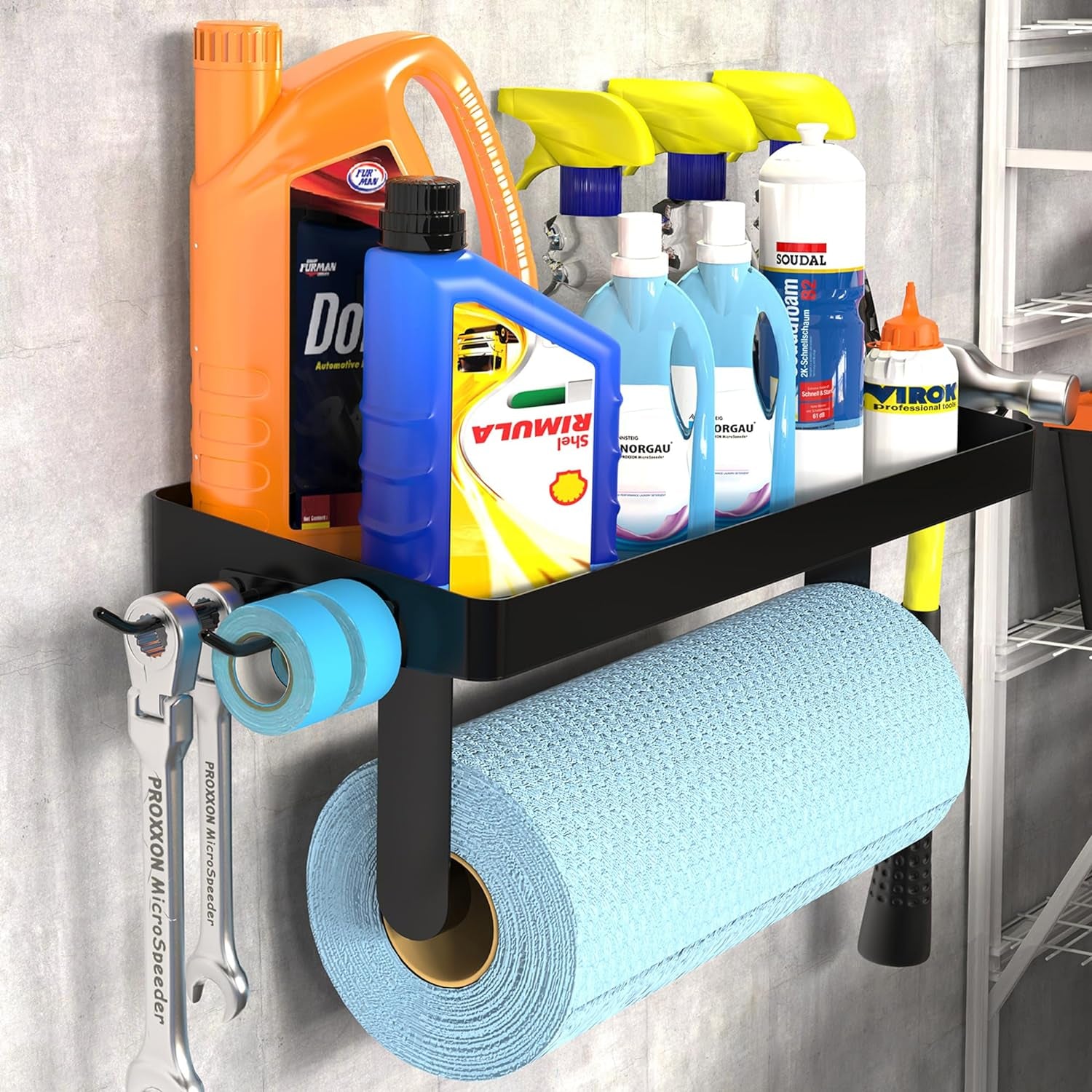 Garage Paper Towel Holder with Shelf - Paper Towel Holder Wall Mount, Garage Organization and Storage, Stainless Steel Paper Towel Rack with Hooks for Kitchen (Black)