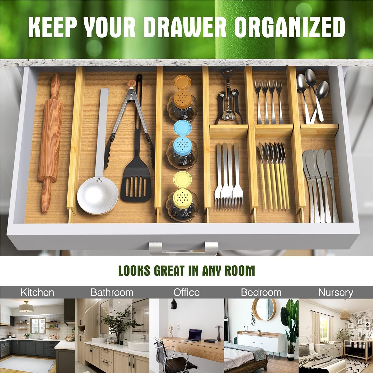 Bamboo Drawer Dividers Organizers, Drawer Separators Splitter, 43-56 Cm Long Adjustable Spring-Loaded Organizer for Large Utensil, Clothes, Tools Drawers