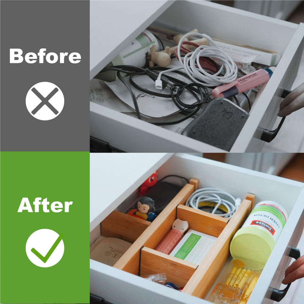 Bamboo Drawer Dividers Organizers, Drawer Separators Splitter, 43-56 Cm Long Adjustable Spring-Loaded Organizer for Large Utensil, Clothes, Tools Drawers